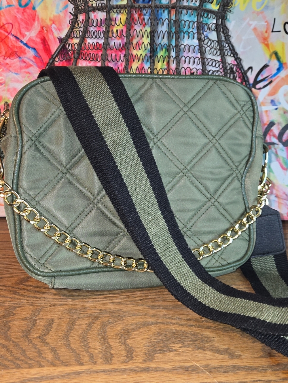 Quilted Olive Crossbody Bag with Gold Chain Accent